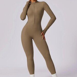 Women Zip Up Long Sleeve Bodysuit Jumpsuit  Activewear Workout Yoga Beige Size M